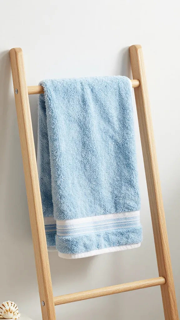 A serene coastal-inspired bathroom showing a pale blue towel with a white border on a natural wood rack, sea-shell decor hints, and soft coastal light.