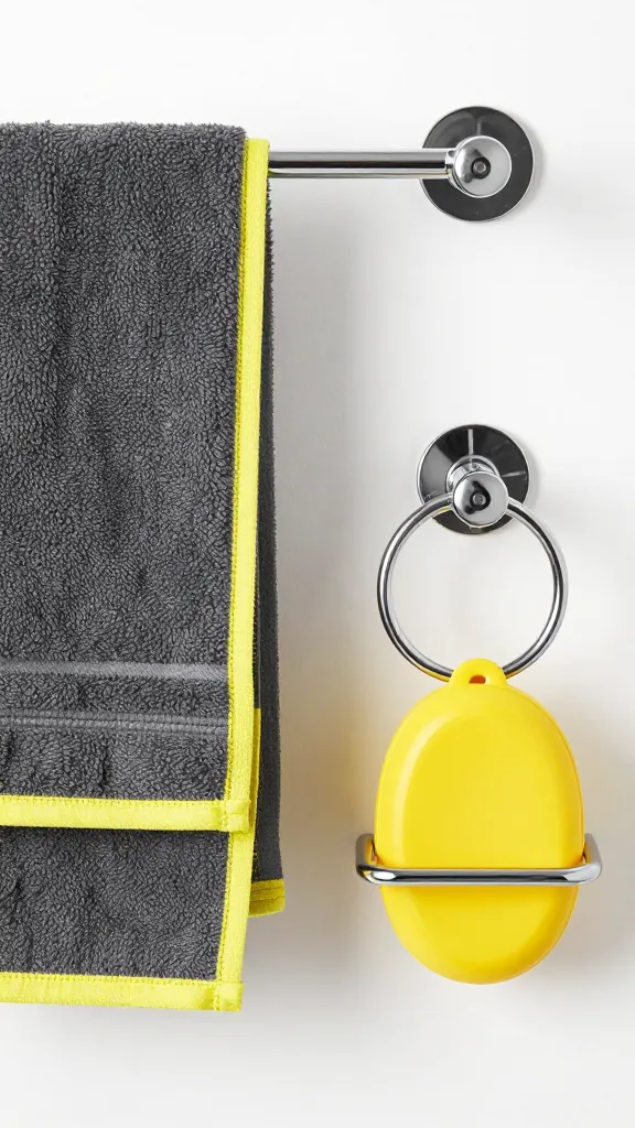 A modern, contrast-forward setup: a charcoal towel with a bright yellow edge on a chrome rack, plus a matching yellow soap dish and towel ring.