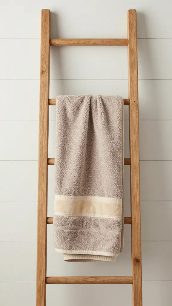 A cozy rustic-minimal bathroom scene with a soft taupe towel and a warm beige trim, hung on a reclaimed wood ladder-style rack in front of a shiplap wall.