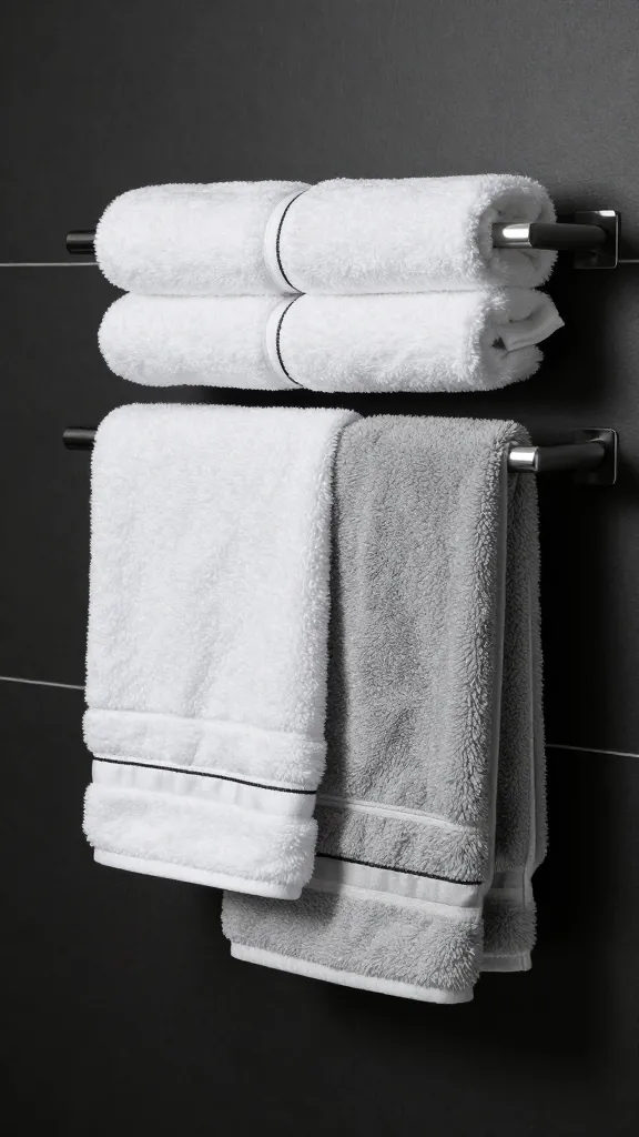 A luxury monochrome bathroom moment: three towels in white, light gray, and charcoal, each with slim black piping, arranged on a matte black wall-mounted rack with subtle backlighting.