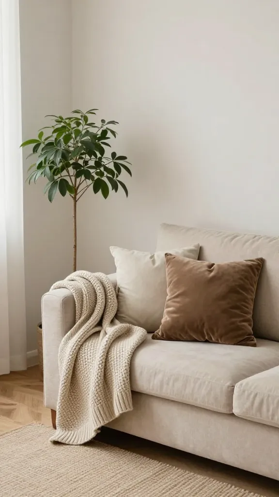 A cozy living room corner with soft natural light, a warm neutral color palette, layered textures (knit throw, woven rug, velvet pillow), and a simple inexpensive plant; minimal furniture with a clear, calm vibe.