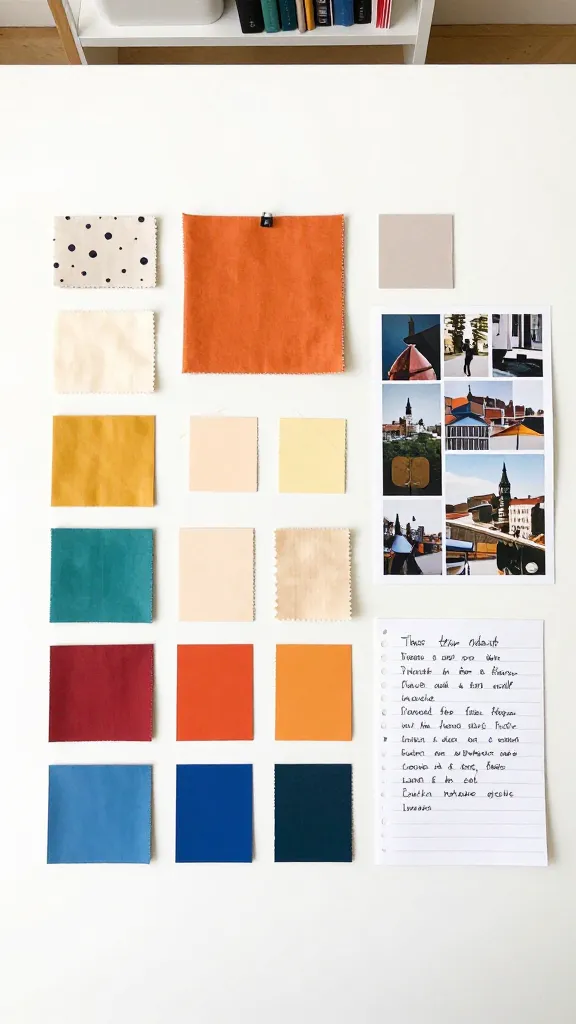 A bright, artsy room mood board laid out on a table: color swatches in 2-3 core colors, small fabric samples, a photo collage, and handwritten notes, all on a clean desk.