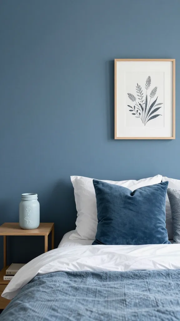 A stylish bedroom with a cohesive color story: two main wall colors, a contrasting accent pillow, and budget-friendly DIY decor items like a painted mason jar vase and handmade wall art.