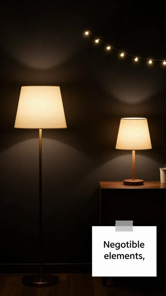 A lighting-focused layout plan: comparing a floor lamp, table lamp, and string lights to show how changing lighting can redefine mood, with a note about negotiable elements.