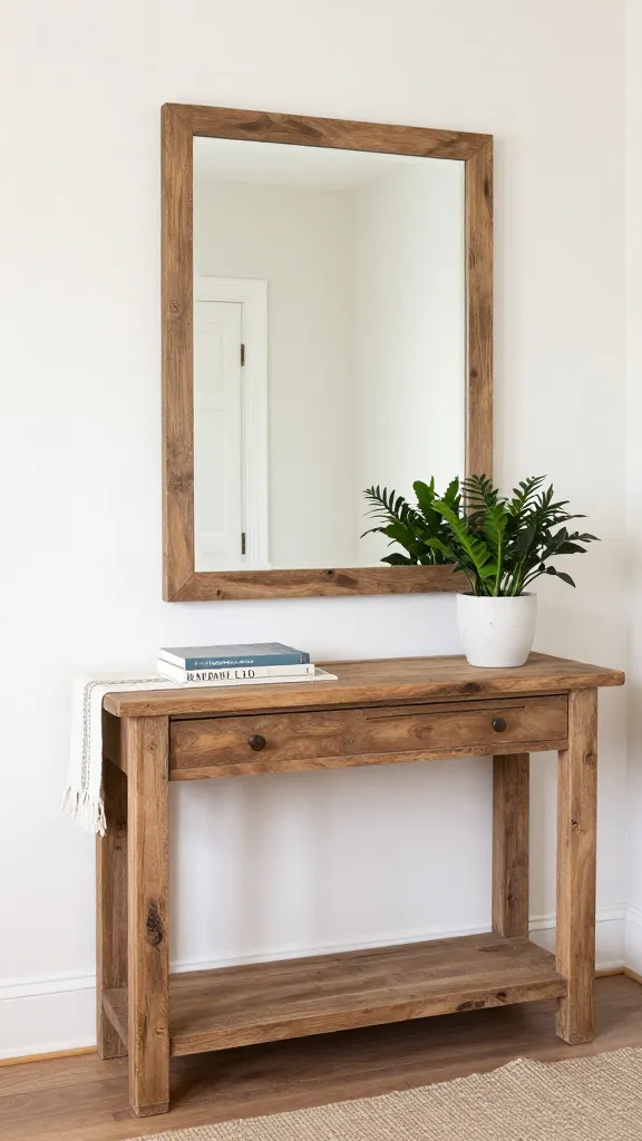 An entryway transformation on a budget: a reclaimed wood console, a mirrorscape to amplify light, a runner, and a potted plant, all arranged to feel welcoming and cohesive.