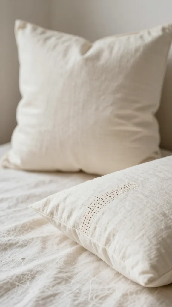 A DIY textile swap scene: sewing a simple throw pillow cover from thrifted fabric, plus a close-up of stitching and pattern alignment, in a calm, sunlit space.