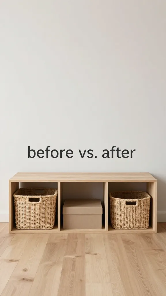 A “before vs. after” minimalist living room: clutter-free surfaces, a curated two-color scheme, and affordable storage solutions like baskets and boxes, emphasizing mood over cost.