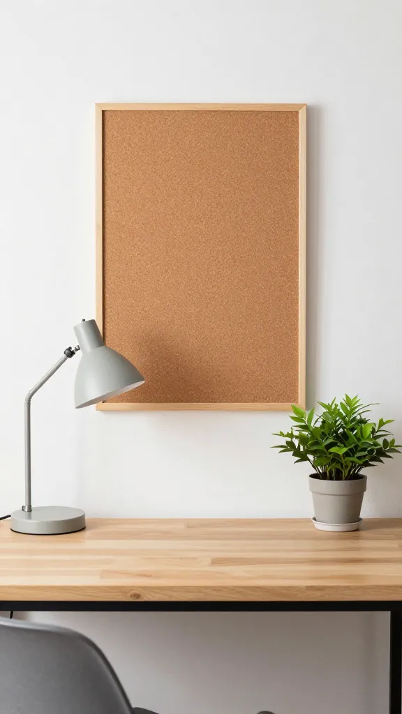 A small apartment workspace with a focused color story: a compact desk, a single corkboard mood board, inexpensive desk lamp, and a plant to bring life, all in a cohesive palette.