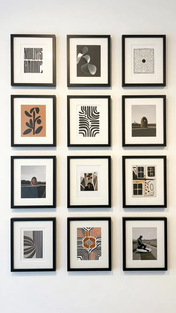 A gallery wall on a budget: matching frames—one color, one finish—paired with a mix of DIY art prints and photo photos, arranged in a balanced grid.
