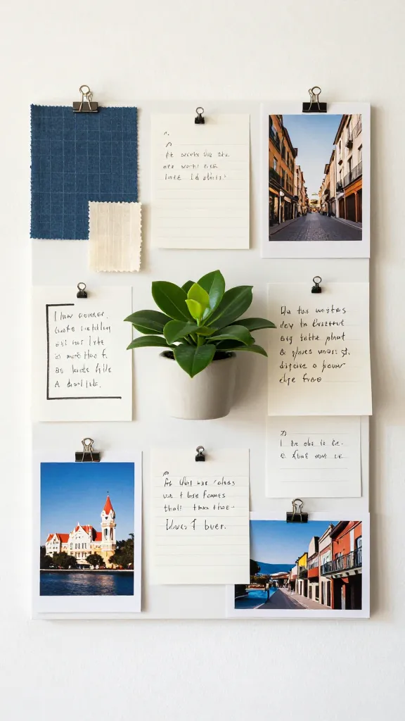 A mood-first scene showing a quick inspiration board on a wall: clipped fabric swatches, travel photos, and handwritten notes anchored by a single low-cost centerpiece plant, conveying the vibe before buying.