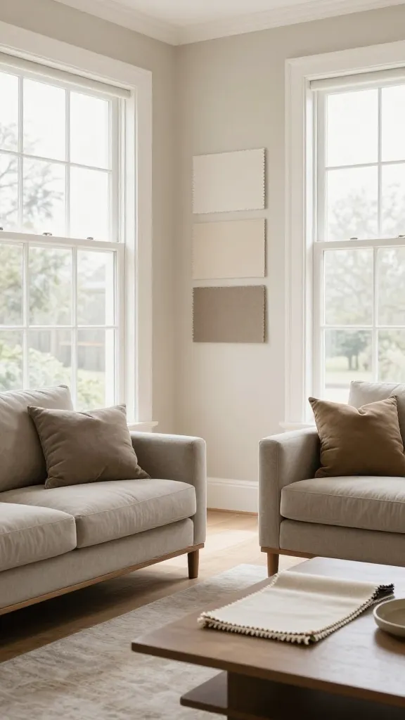 A bright living room with soft natural light streaming through large windows, showing a neutral base wall with three swatches on a wall, furniture in earthy tones, and a small coffee table displaying a sofa fabric swatch to guide the hue.