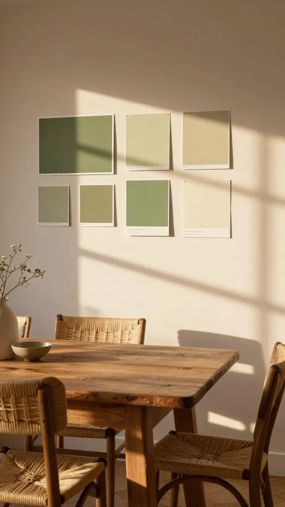 A cozy farmhouse-style dining room with warm afternoon sun casting long shadows, multiple paint swatches placed on the wall, color samples near olive-green and cream tones, a rustic wooden table, and woven chairs.