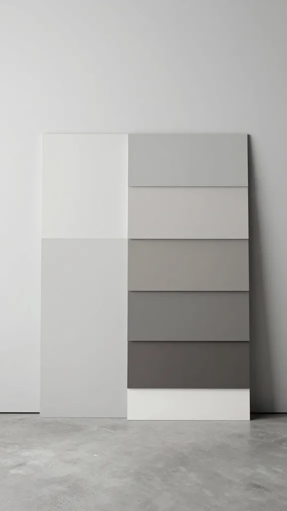 A modern minimalist studio featuring clean architectural lines, a cool neutral backdrop on the wall, a swatch card with multiple gray and taupe options, and a sleek concrete floor with minimal furniture.
