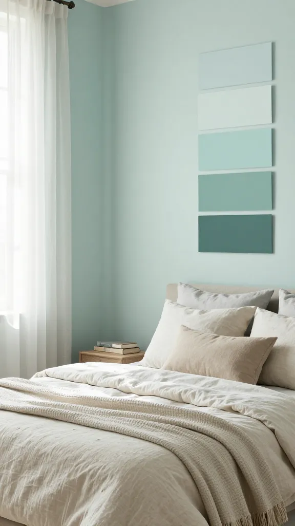 A coastal-inspired bedroom with soft seafoam and sand tones, morning light filtering through sheer curtains, a wall swatch board showing progressive hues, and light linen bedding with a textured throw.
