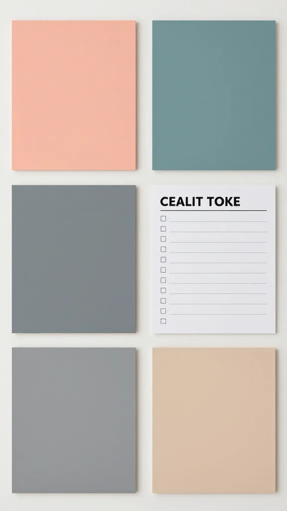 A bold color-testing setup on a single wall: four large swatches in sunrise peach, muted teal, stone gray, and warm beige, with a checklist and note-taking behind-the-wall in the scene, no text visible.