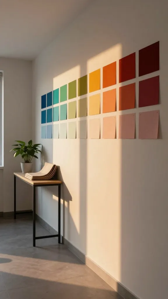 A hallway with directional lighting highlighting how light shifts color at different times, swatches taped at intervals along the wall, a console table with a plant and a fabric sample pile.