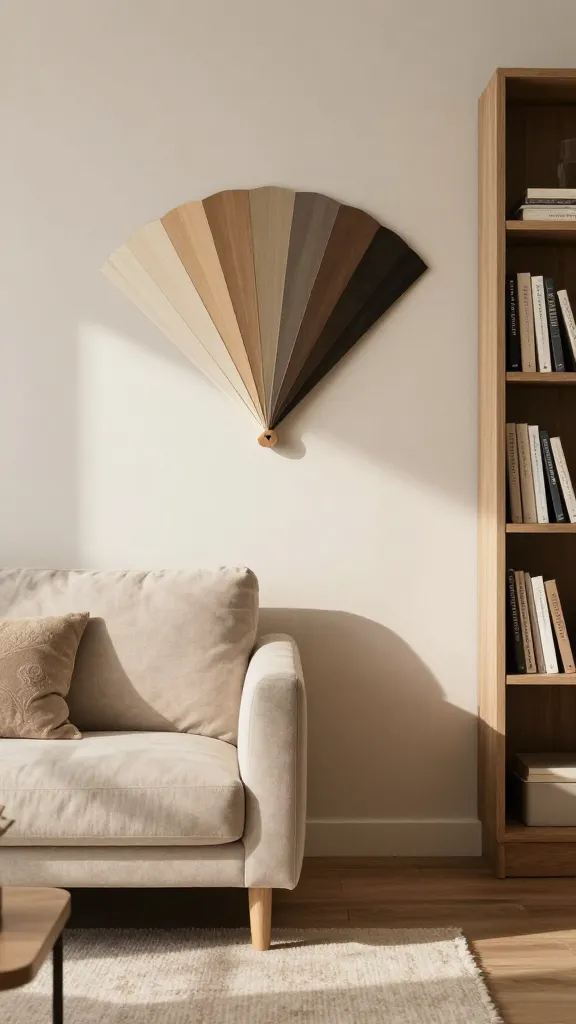 A sunlit reading nook with a neutral backbone wall, a sample fan of warm neutrals arranged in a gradient, a plush sofa, a tall bookshelf, and a soft rug to show how accents can swap.