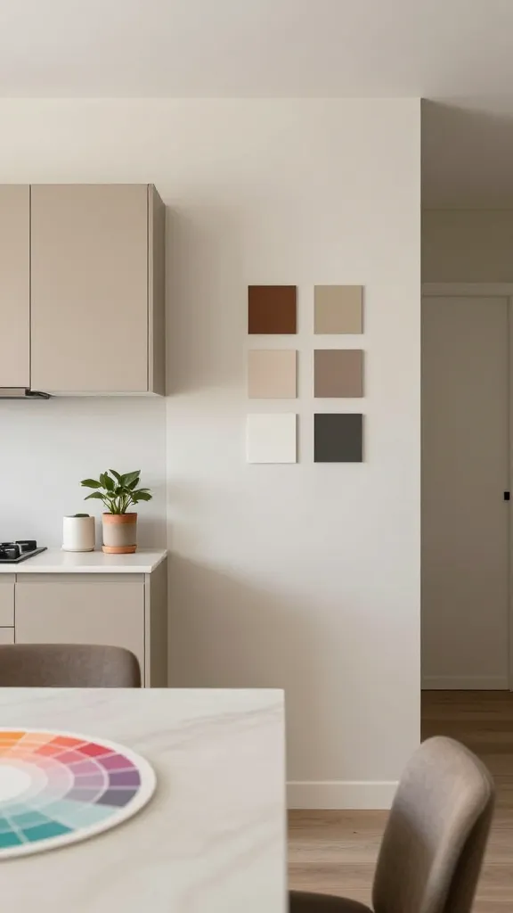 An open-plan kitchen-dining area showing a cohesive color strategy, a neutral wall base, accent swatches near cabinetry tones, and a color wheel partially visible on a countertop.