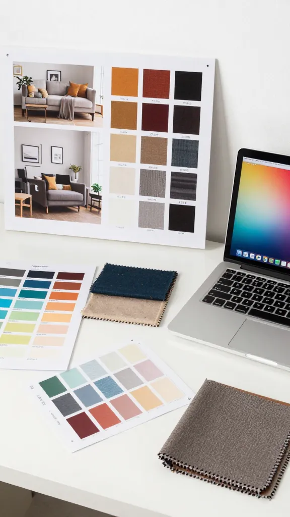 A design planning desk scene with color swatches, a mood board, sample fabrics, fabric swatches pulled from existing furniture, and a laptop displaying a color palette, all arranged to convey testing and decision-making.