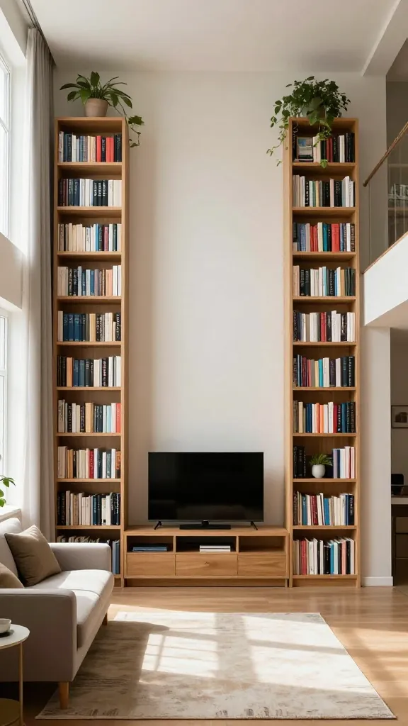 A compact living room with tall, floor-to-ceiling bookcases flanking a slim wall-mounted bookshelf, plants on top, and a cozy corner with a small sofa facing a TV, bright natural light streaming through a window, minimalist decor.