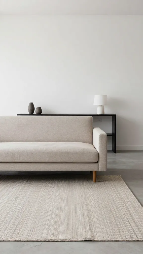 An open-plan small living space showing an invisible zone edge created by a low-contrast area rug under a compact sofa and a slim console behind it, with a few decorative lamps and a neutral color palette.