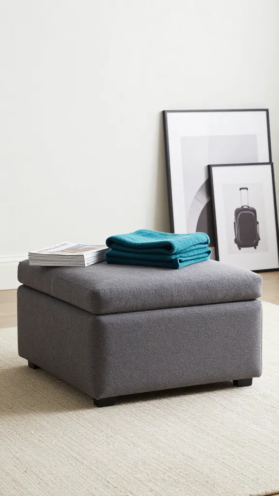 A multi-functional storage ottoman in a chic living room used as a coffee table, with a teal throw blanket folded on top and a nearby stack of magazines, surrounded by a couple of minimalist travel posters.