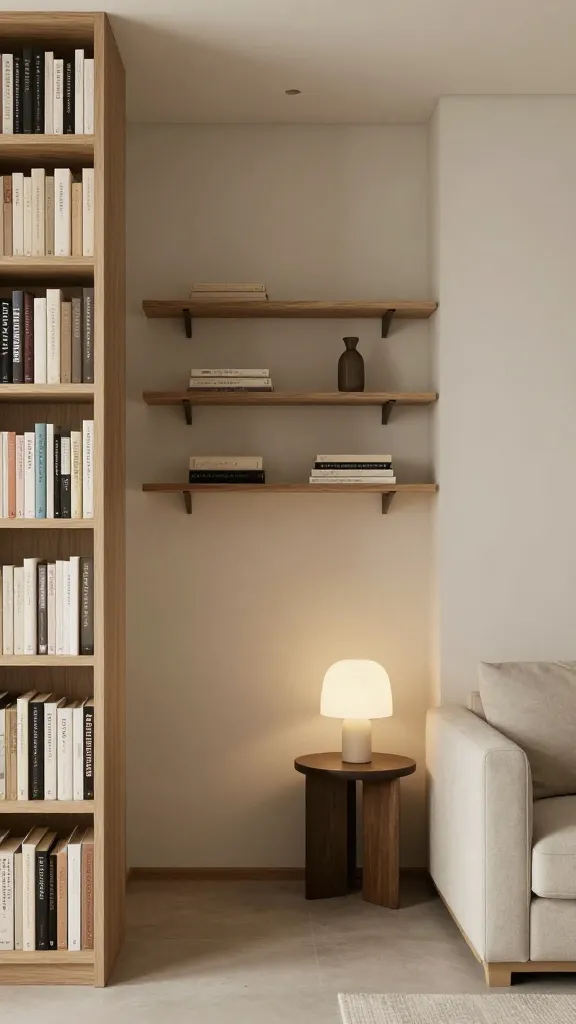 A vertical-first layout in a tiny living room: a tall bookshelf reaching the ceiling, wall-mounted shelves above a narrow sofa, and a small side table with a single sculptural lamp, all in warm neutrals.