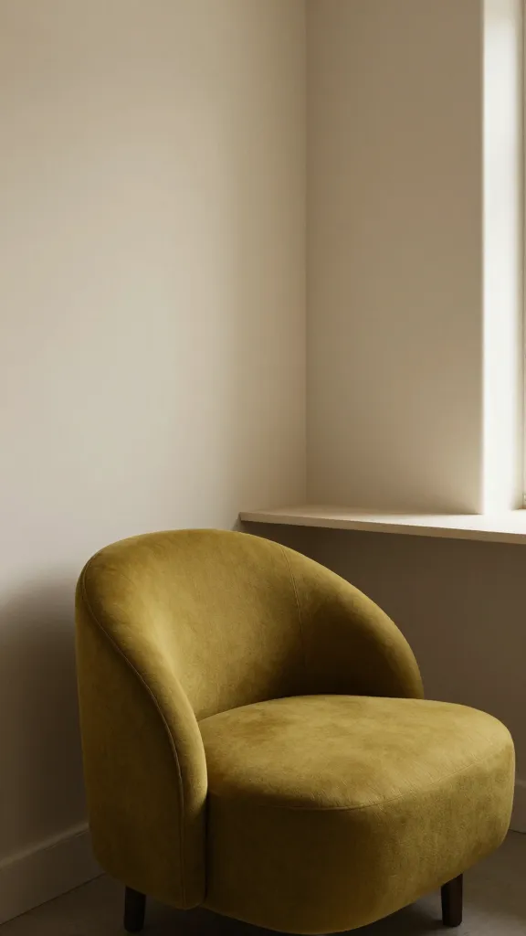 A cozy corner featuring a soft warm neutral wall color, a bold accent chair in a rich color (like mustard or emerald), and a slim, unobtrusive console behind the sofa, with reflections of light from a nearby window.