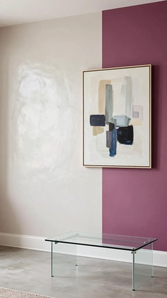 A tiny living room with a light-reflective plaster or pale wall finish, an accent wall in a dramatic but tasteful color, and subtle punchy decor elements like a single large abstract painting and a glass coffee table.