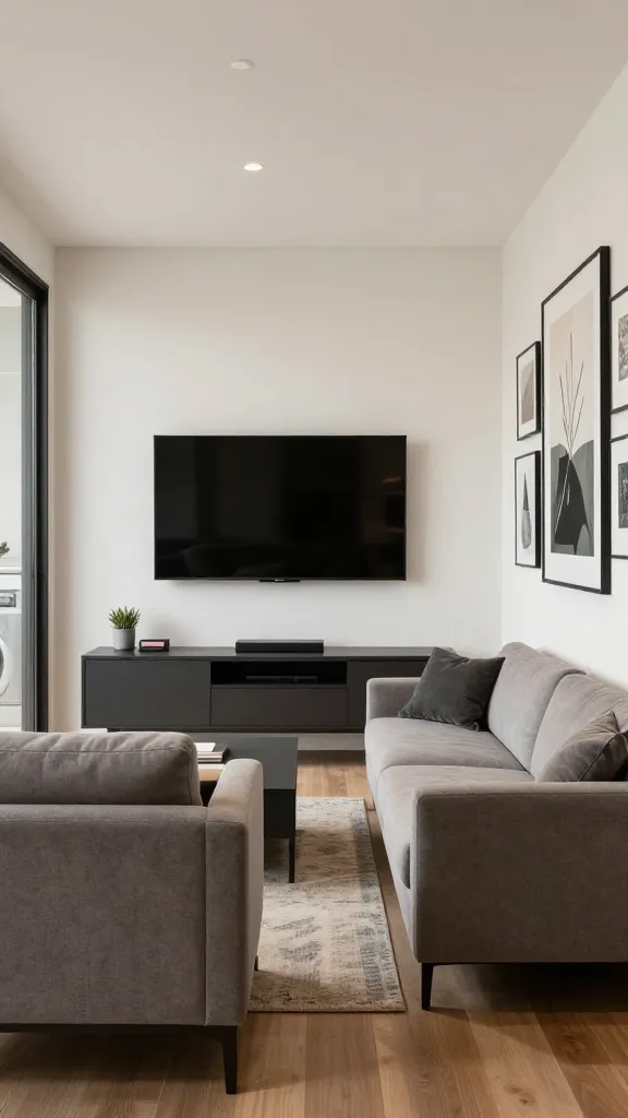 A compact seating area arranged to maximize space: a slim-profile sofa, a wall-mounted TV above a low console, a small rug underfoot, and vertical gallery wall drawing the eye upward.
