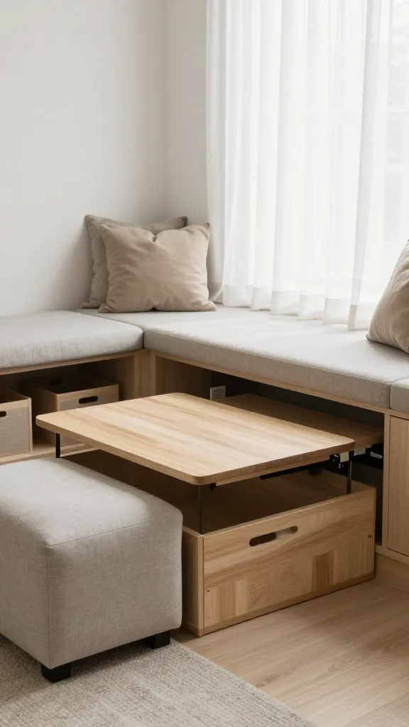 A small living room with hidden storage: a coffee table that opens, a storage ottoman, and built-in benches with hidden bins under a window seat, styled with soft textiles and a lightweight curtain.