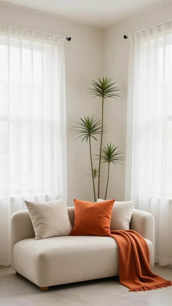 A well-lit tiny living room during daytime showing windows with sheer curtains, a bright neutral wall, a bold accent color in cushions and a throw, and a couple of vertical plants to add height.