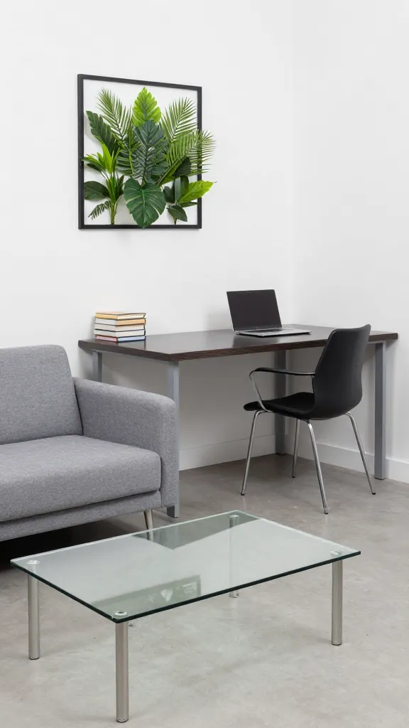 An ergonomic, space-efficient layout: a glass coffee table to keep airiness, a slim sofa with slender legs, a corner desk as a dual-purpose workspace, and a framed plant installation on the wall to create depth.