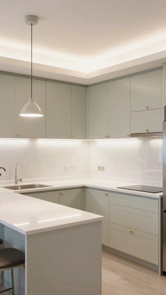 A compact U-shaped kitchen with light pastel cabinets, white countertops, and a mirrored backsplash that reflects bright, layered ceiling and under-cabinet lighting, showing a slim pendant light over a small island.