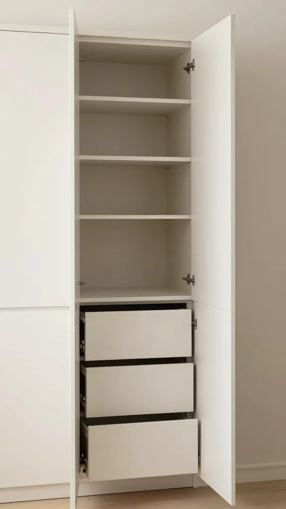 A vertical-storage-focused kitchen layout featuring tall, narrow pantry cabinets, open shelving above, and a push-to-open drawer system, all in a bright neutral palette to enhance perceived space.