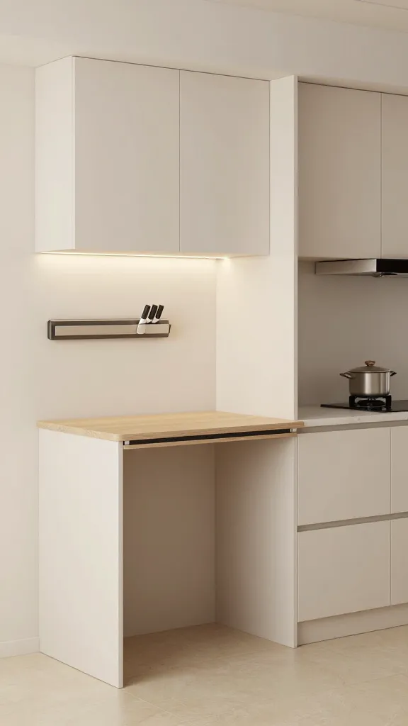 A tiny kitchen with multi-use elements: a fold-down counter extension, a magnetic knife strip, and a compact appliance garage, with soft ambient lighting along the upper cabinets.