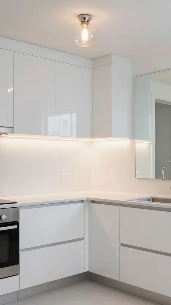 An airy kitchen corner with white gloss cabinet doors, under-cabinet LED strips, and a small round glass pendant light, plus a large mirror framed by slim cabinetry to bounce light.