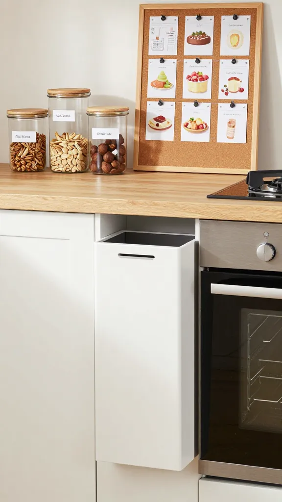 A decluttered micro-kitchen scene showing labeled clear canisters, a corkboard with recipe tabs, and a slim, pull-out recycling station integrated beside the oven.