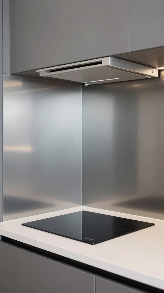 A compact cooking zone at counter height with a small induction cooktop, a hidden pop-up ventilation unit, and a reflective backsplash that visually enlarges the workspace.