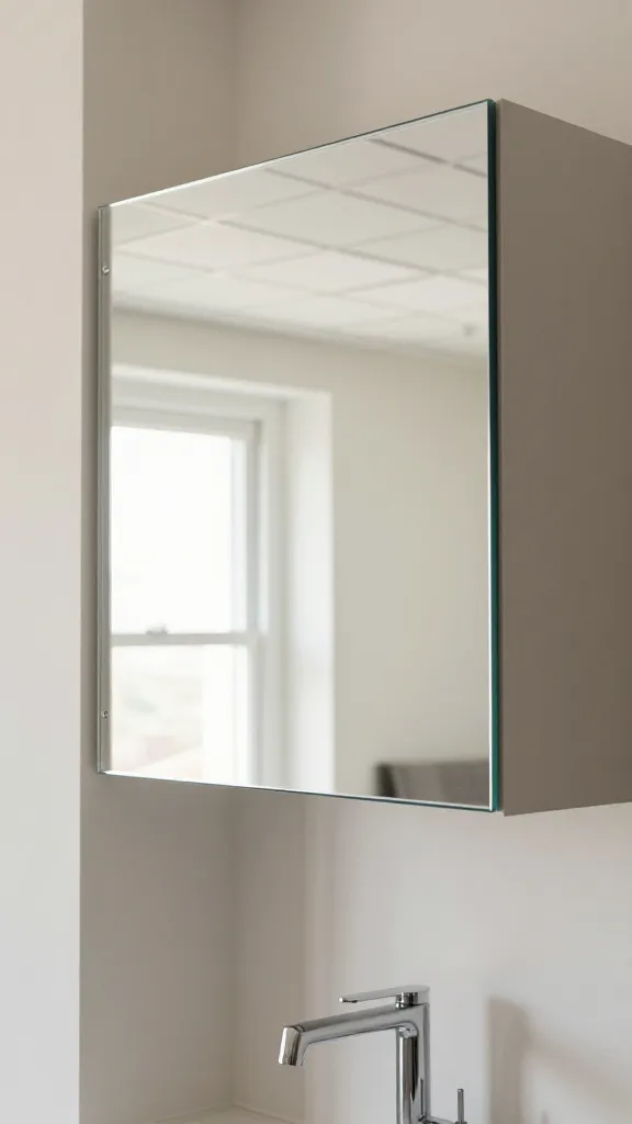 A kitchen with a glossy, mirrored cabinet door reflecting the room and a ceiling light grid, complemented by soft wall color and a minimalist chrome faucet for a spacious feel.