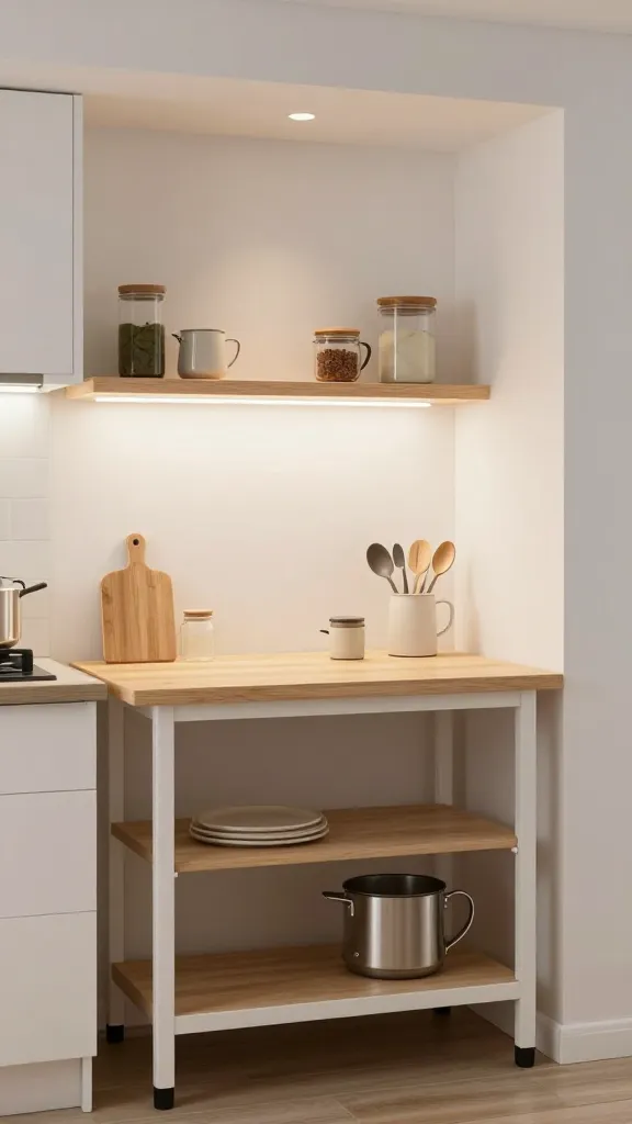 A bright kitchen nook featuring under-cabinet lighting, a floating shelf with essential utensils, and a tiny pendant over a compact dining cart that doubles as extra prep space.