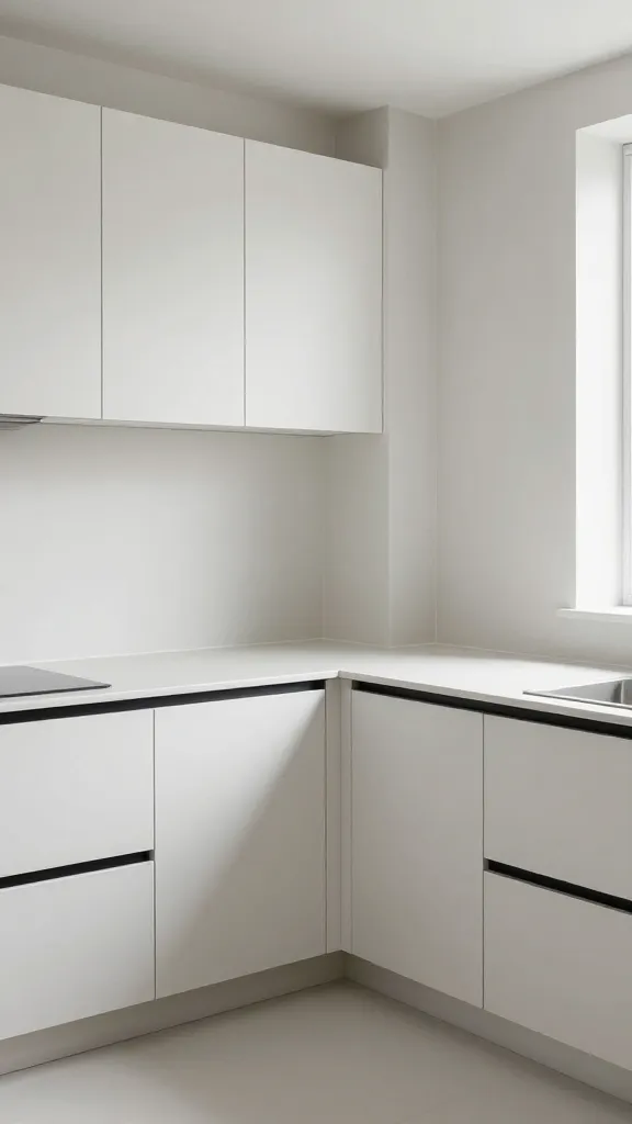 An L-shaped kitchenette employing high-contrast light walls, slim vertical dividers between zones, and a hidden dish rack behind a cabinet panel to keep surfaces clear.