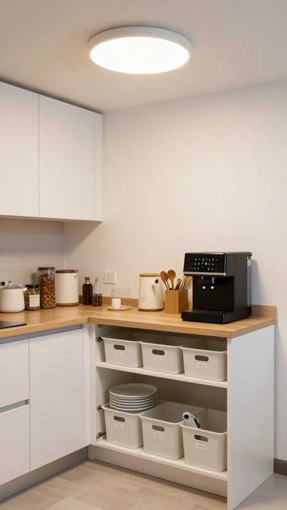 A fully organized small kitchen with labeled storage bins, a pull-out pantry, a compact coffee station, and a ceiling-mounted light fixture that casts even illumination without glare.