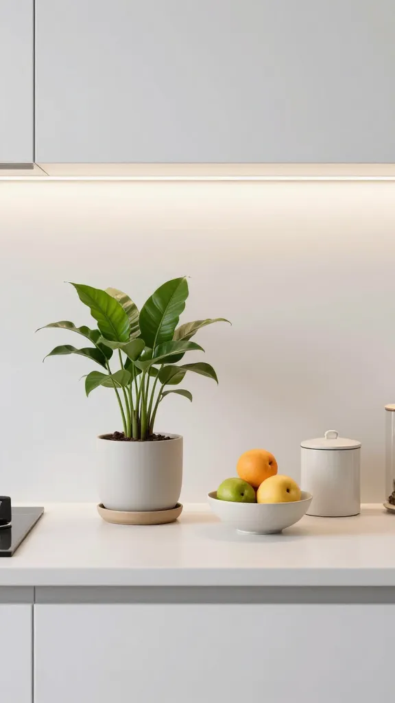 A bright, clutter-free kitchen counter with a single statement plant in a sleek pot, a small decorative bowl of fruit, and a minimalistic canister set, all arranged on a clean surface with soft under-cabinet lighting highlighting the arrangement.