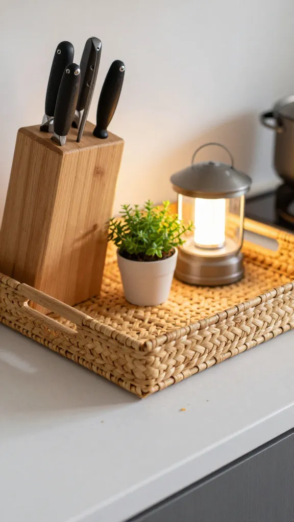 A close-up shot of a kitchen counter featuring a shallow woven tray used as a boundary, containing a few essential items (knife block, tiny potted herb, and a compact LED lantern), with crumbs visibly contained and no extra clutter.