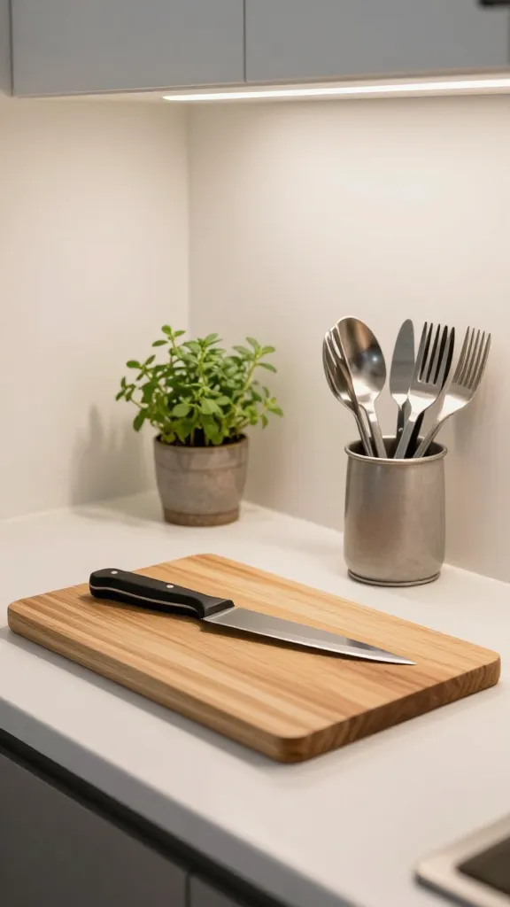A scene showing a clearly defined prep zone: a clean counter with a wooden cutting board, a sharp knife, a small herb pot, and a neat utensil jar, with a subtle glow from under-cabinet lighting.
