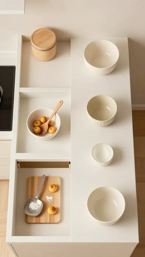 A kitchen counter styled as a “designated task” zone montage: separate sections for prep, bake, and cleanup, each with minimal items and cohesive color palette, photographed from an overhead angle.