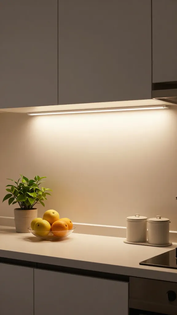An under-sink-to-counter lighting upgrade: a warm LED strip installed under the upper cabinets, illuminating a tidy counter with a single plant, a fruit bowl, and a simple canister set, no visible clutter.