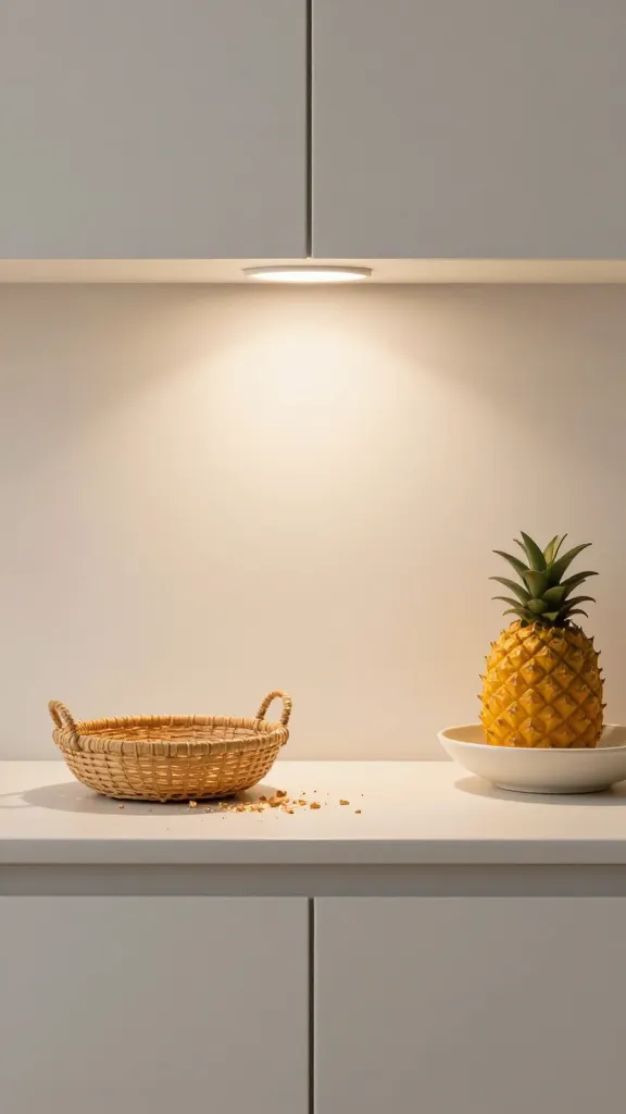 A minimalist counter vignette featuring a shallow basket catching crumbs, a compact under-cabinet light casting a warm glow, and a single decorative object (e.g., a pineapple sculpture replaced by a simple fruit bowl).