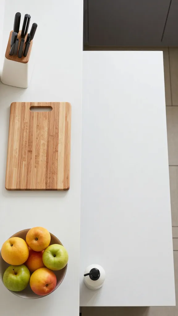 An overhead shot of a kitchen counter organized into zones: prep zone with knife block and cutting board, service zone with a bowl of fruit, and cleaning zone with a small soap pump, all neatly spaced with negative space.